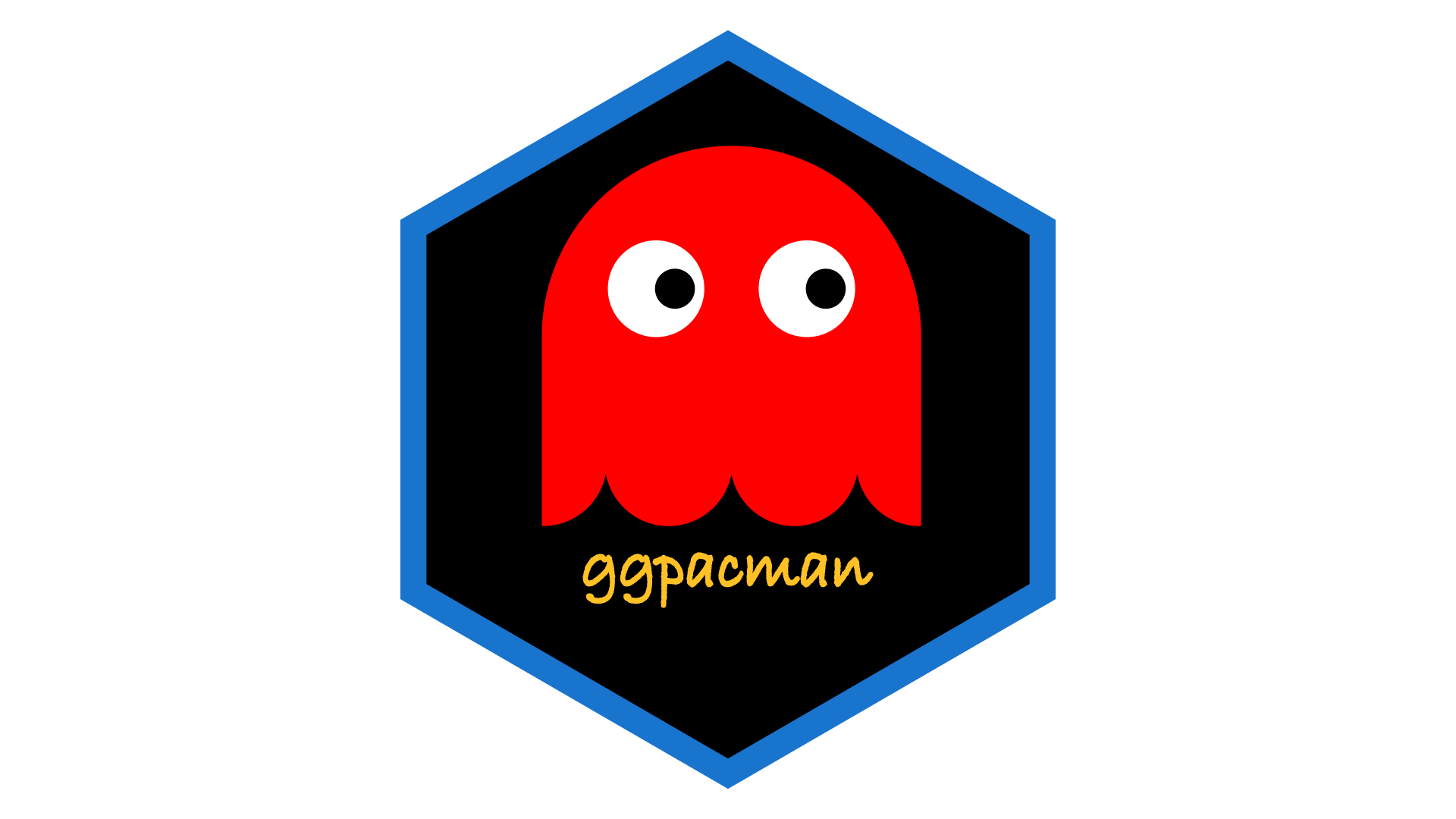 `ggpacman` hexagonal logo representing a red ghost from the game Pac-Man on a black background with a blue border and `ggpacman` written in yellow below the ghost.
