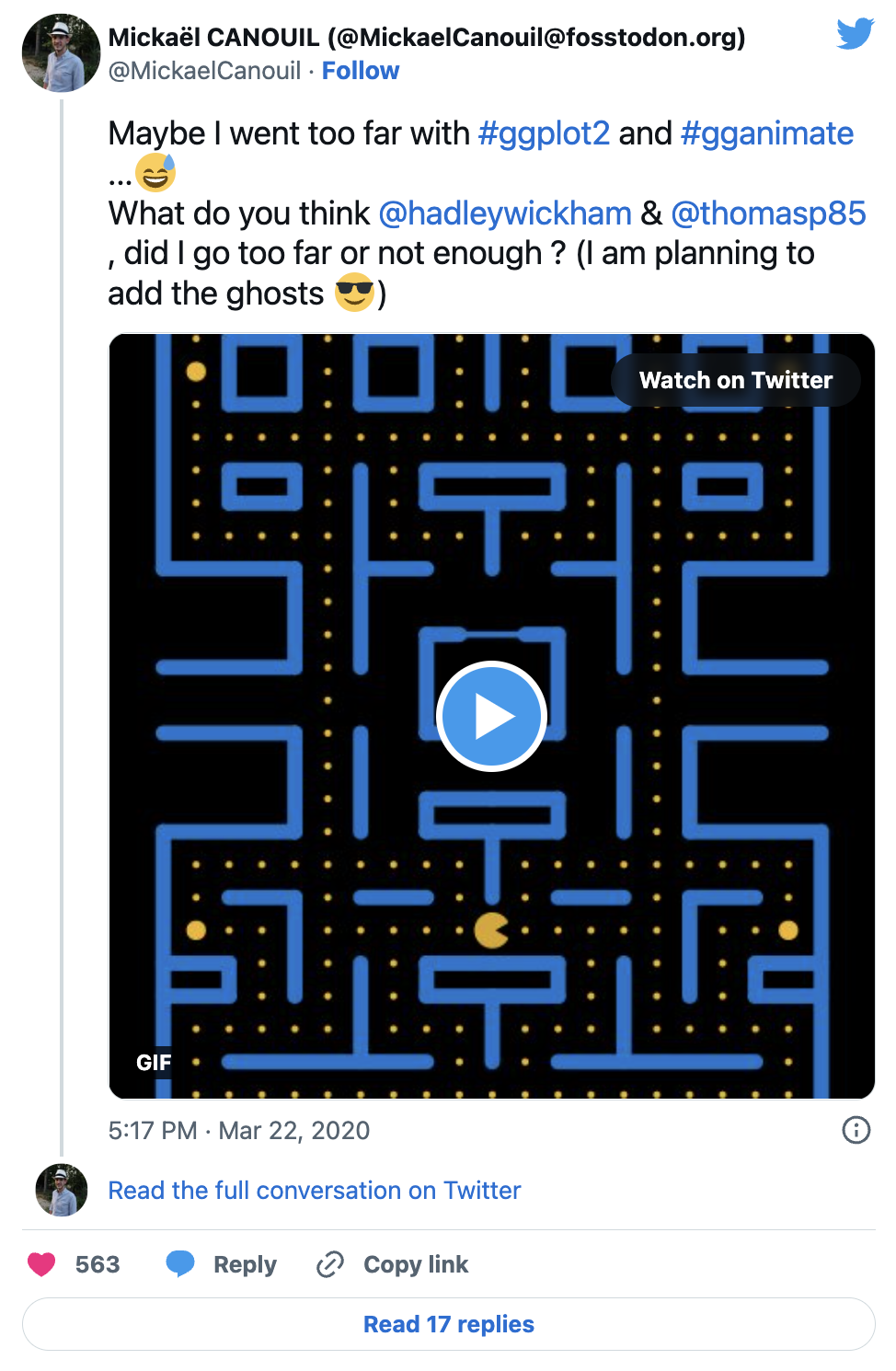 Tweet: Maybe I went too far with ggplot2 and gganimate ... 😅 What do you \@hadleywickham & \@thomasp85, did I go too far or not enough ? (I am planning to add the ghosts 😎) followed by an GIF of a PacMan moving in a labyrinth