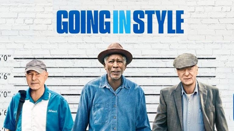 poster of the movie Going in Style showing from left to right Alan Arkin, Morgan Freeman, and Michael Caine.