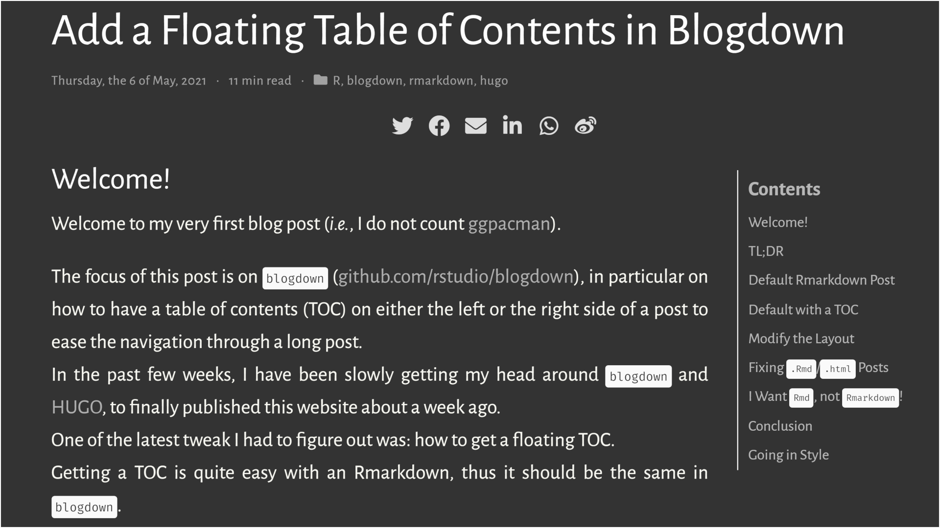 Screenshot of the `blogdown` blog post &#039;Add a Floating Table of Contents in `blogdown`' showing a table of content on the right.
