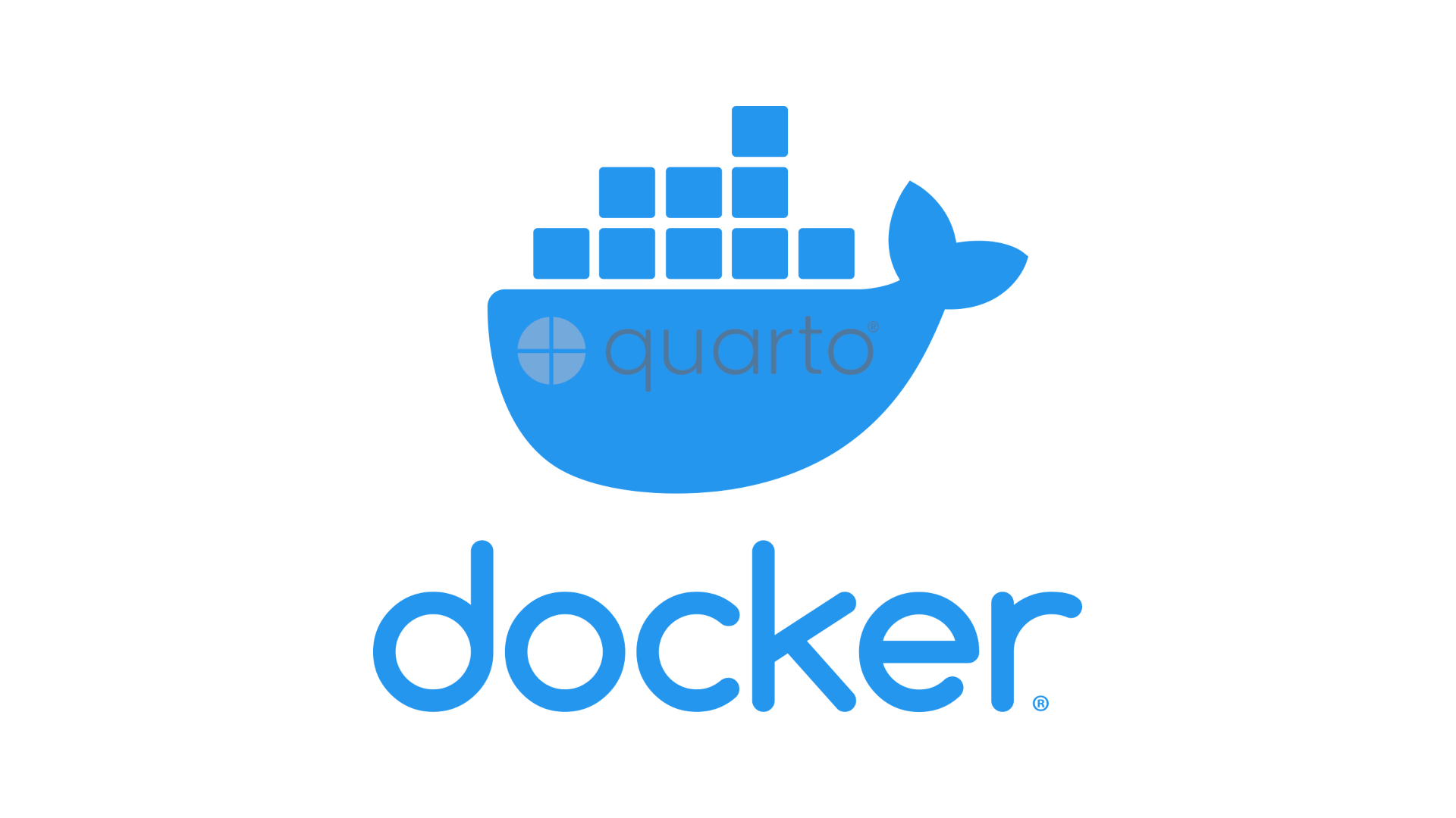 Docker logo with a whale and containers on top of it, and Quarto logo with text inside the whale.
