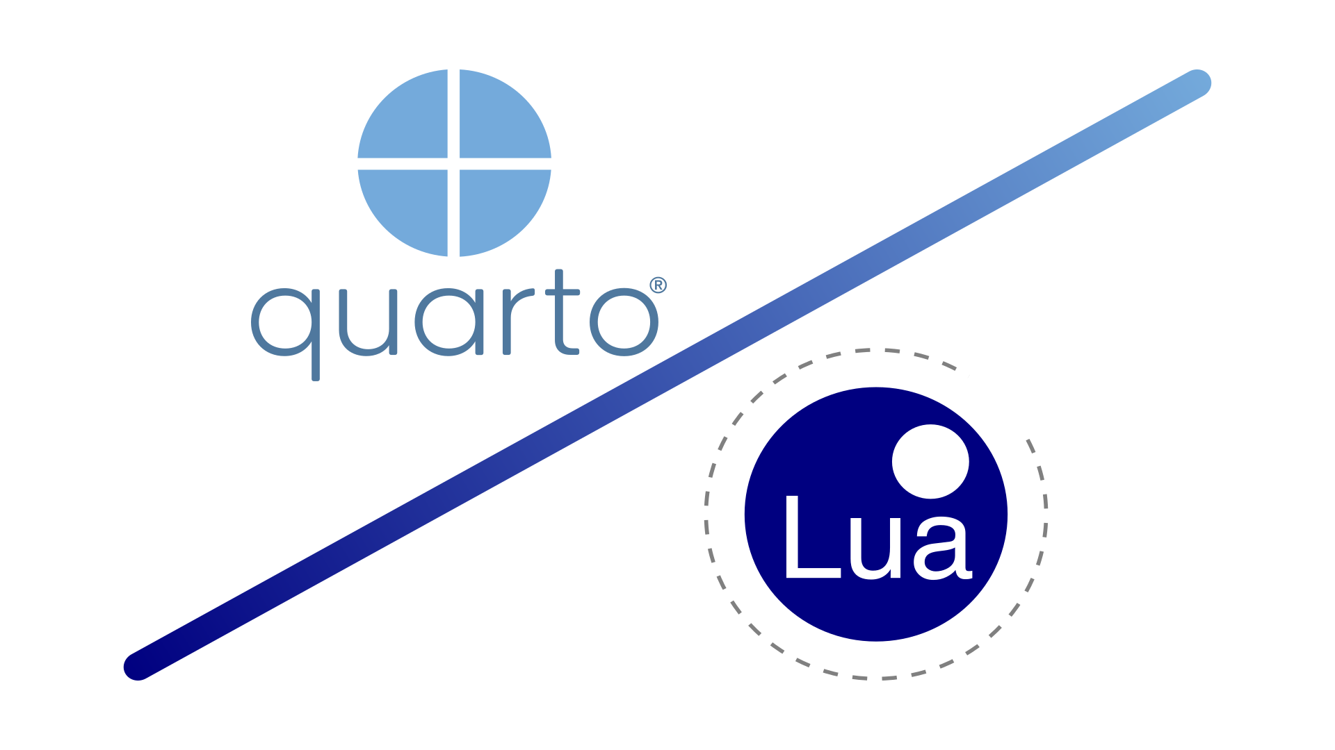Quarto logo and Lua programming language logo separated by diagonal line with a gradient.
