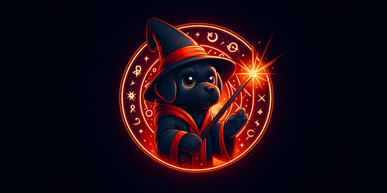 Cartoon dog wizard wearing blue hat with red band holding magic wand creating HTML and CSS code scrolls in starry night scene.