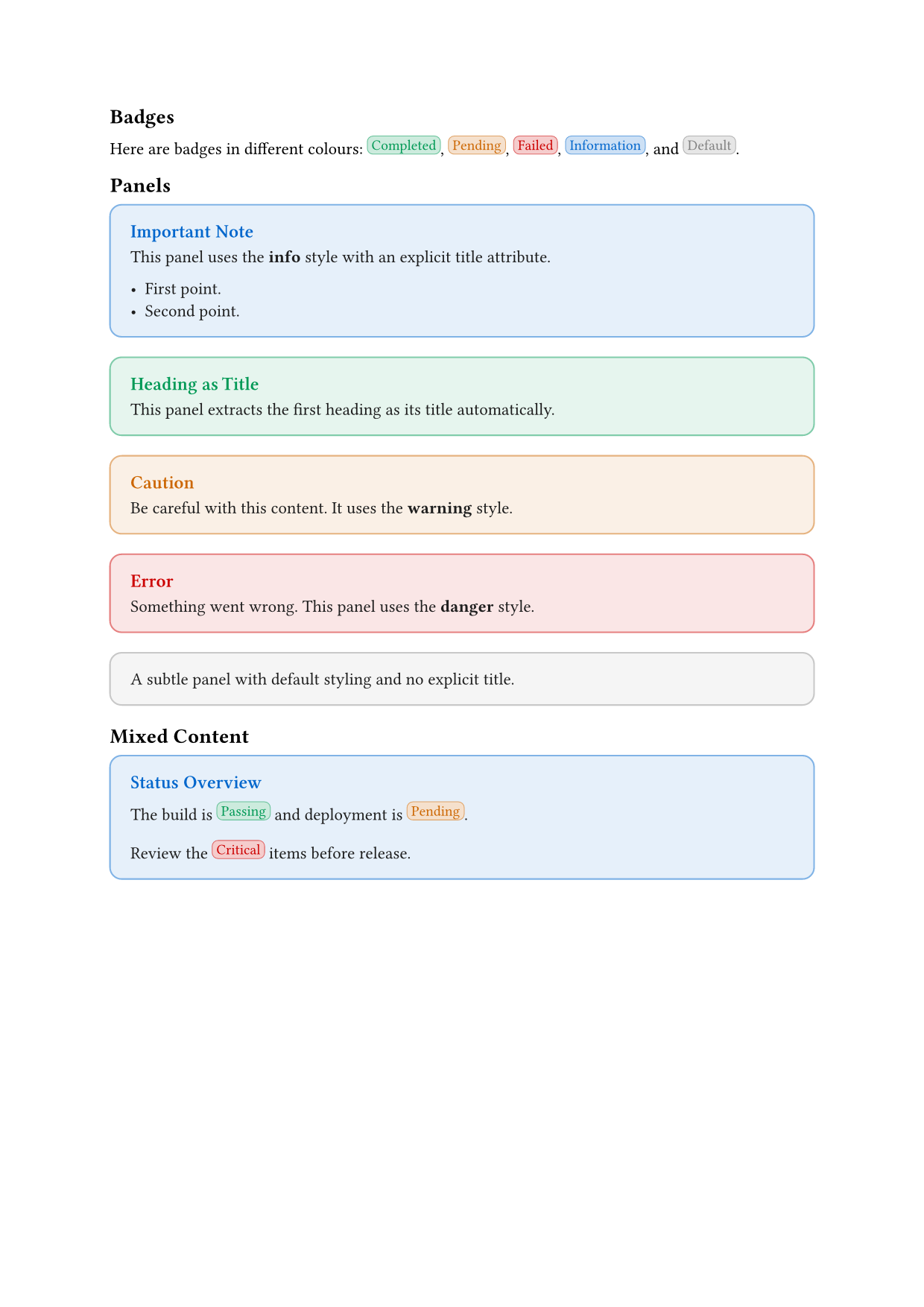 PDF render showing three sections. Badges: five inline pill-shaped badges labelled Completed in green, Pending in orange, Failed in red, Information in blue, and Default in grey. Panels: five rounded bordered panels — a blue info panel titled Important Note with a two-item bullet list, a green panel titled Heading as Title, an orange panel titled Caution, a red panel titled Error, and a plain grey panel with no title. Mixed Content: a blue info panel titled Status Overview containing inline Passing (green), Pending (orange), and Critical (red) badges embedded in sentences.