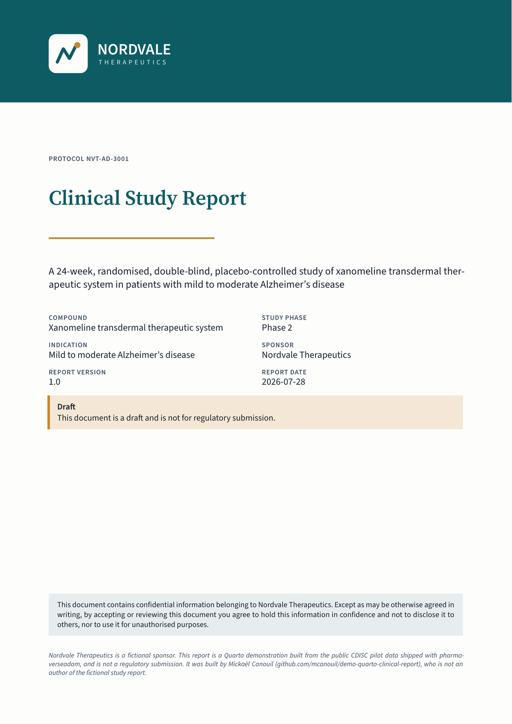 Cover page of the clinical study report. A dark teal band across the top holds the Nordvale Therapeutics logo. Below it, the protocol number, the title Clinical Study Report, an amber rule, the study subtitle, and a two-column grid of fields: compound, study phase, indication, sponsor, report version, and report date. An amber-edged panel reads Draft, this document is a draft and is not for regulatory submission. A confidentiality panel and a disclaimer sit at the bottom.