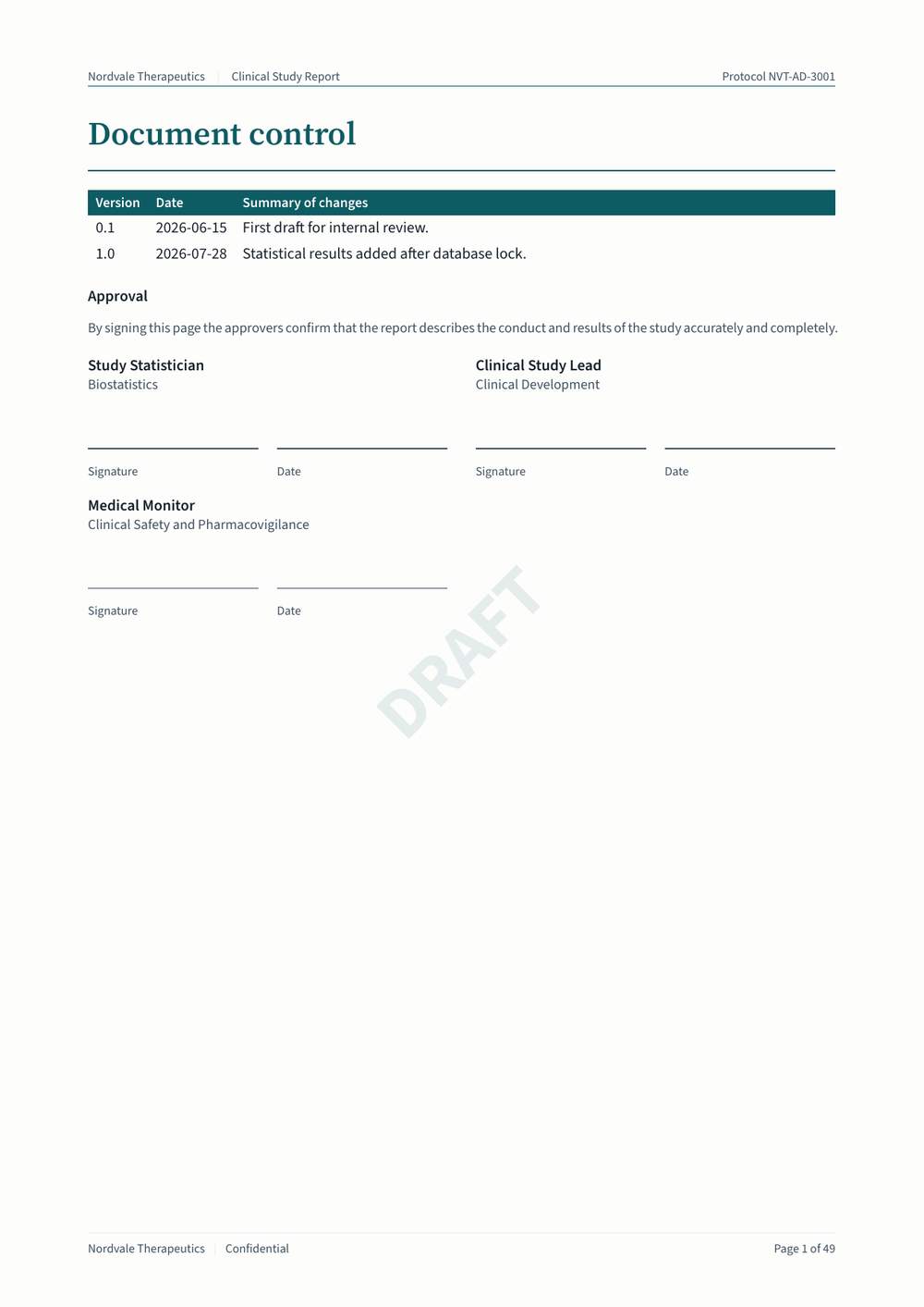Page one of the report body. A heading reads Document control, followed by a table of two revisions with a teal header row, then an Approval section with three signature blocks, each showing a name, a role, and ruled lines for signature and date. A faint diagonal DRAFT watermark crosses the page. The footer reads Page 1 of 49.