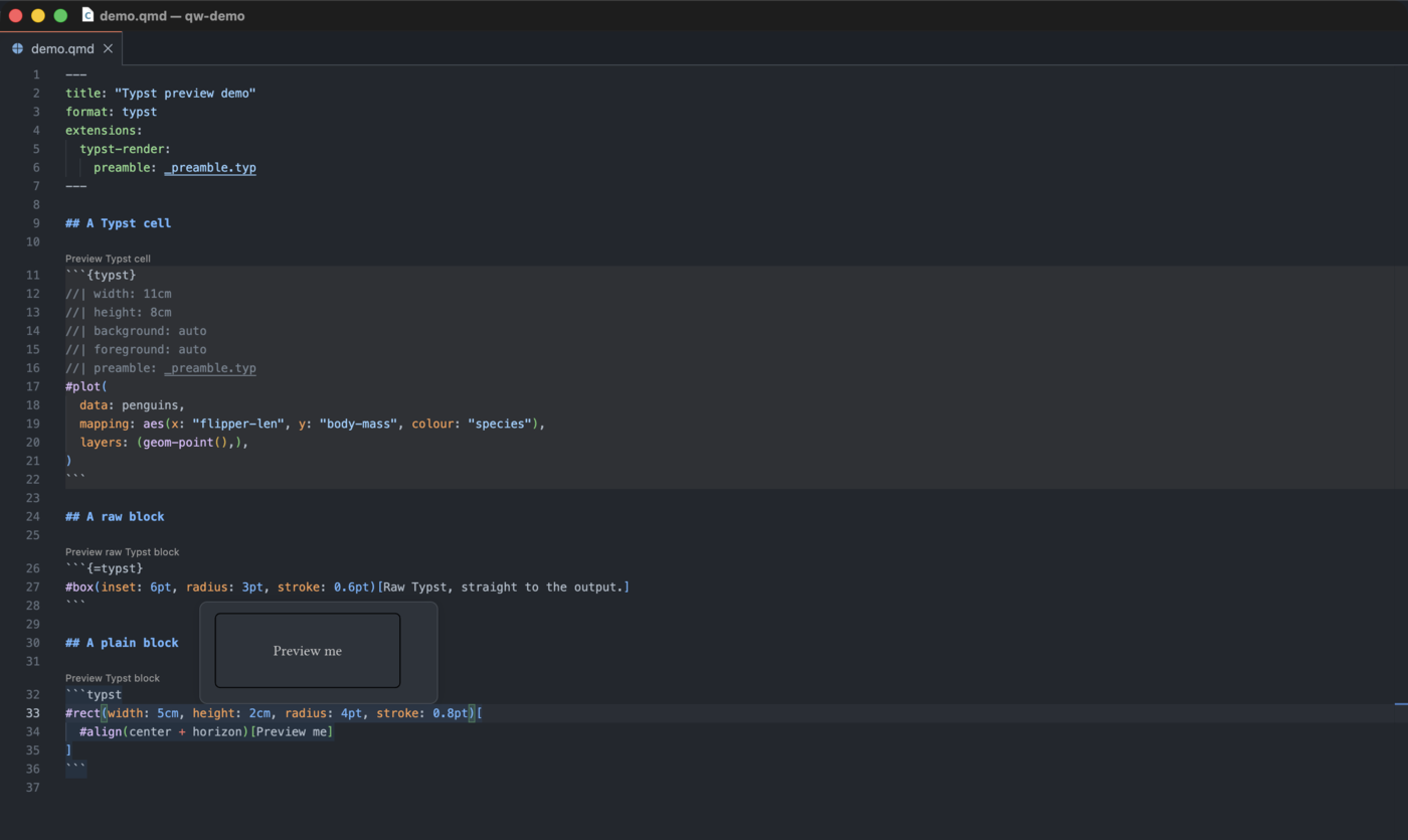 Typst Block Preview in a Hover A hover card over a Typst block, showing the compiled image of that
block above the block itself.