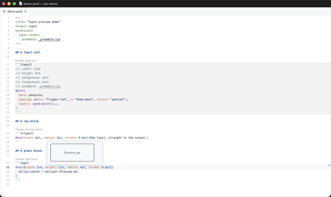 Typst Block Preview in a Hover A hover card over a Typst block, showing the compiled image of that
block above the block itself.