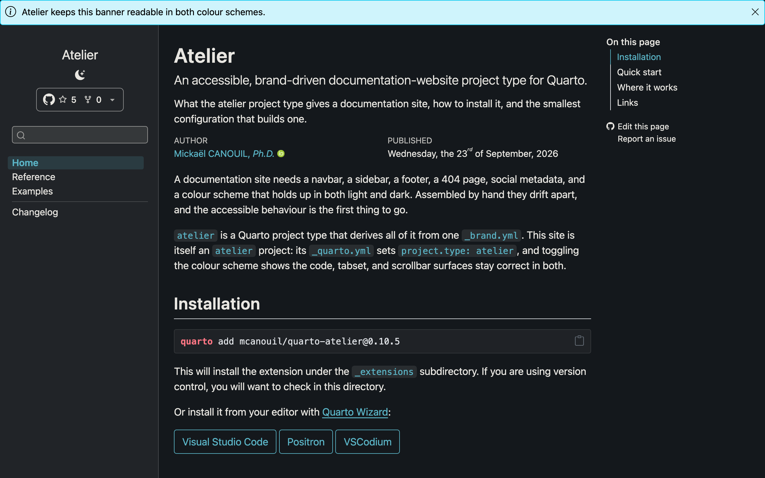 Home page of the Atelier documentation website in dark mode, with the same sidebar, page text, and table of contents as in light mode. Accents are light teal on a near-black background.