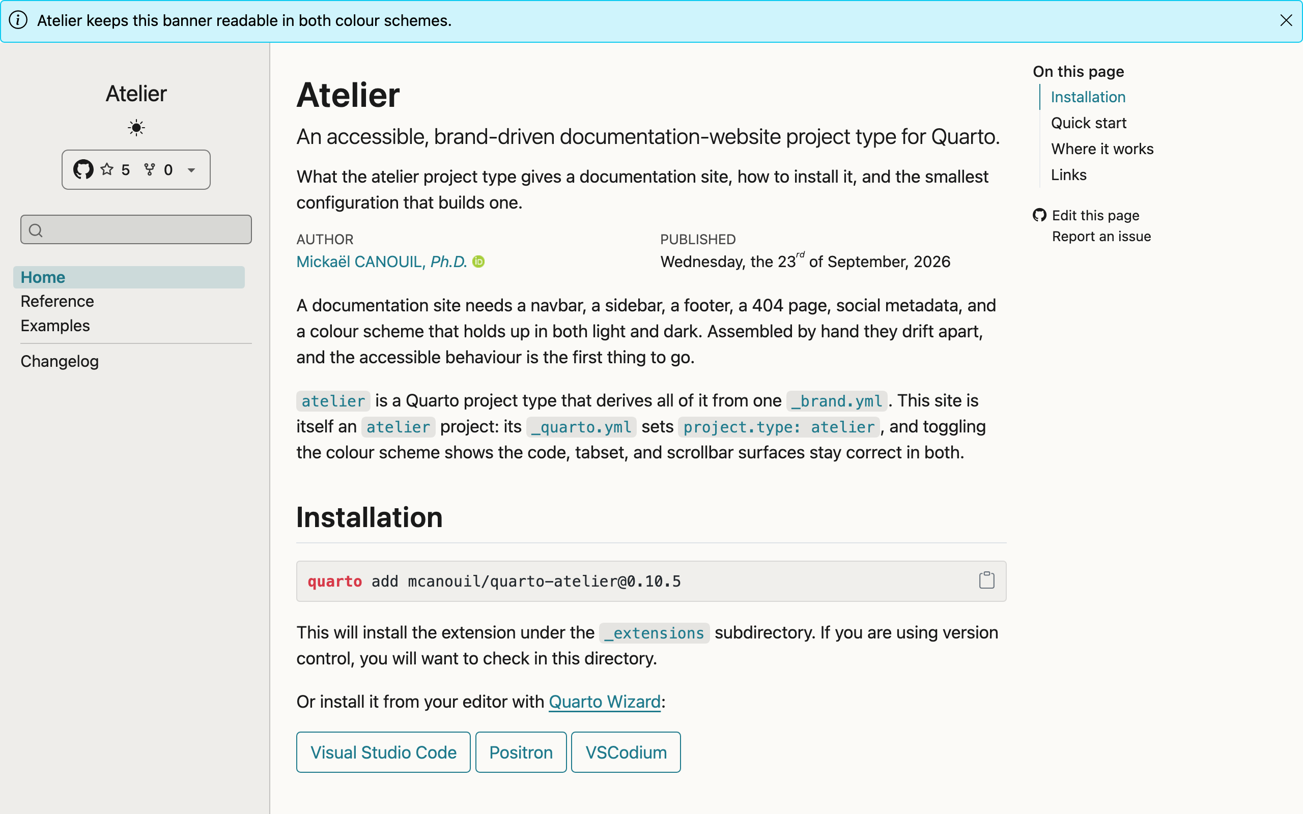 Home page of the Atelier documentation website in light mode, with a sidebar holding the site title, a GitHub widget, a search field, and the Home, Reference, Examples, and Changelog links, the page text in the centre, and the table of contents with edit and issue links on the right. Accents are teal on a light grey background.