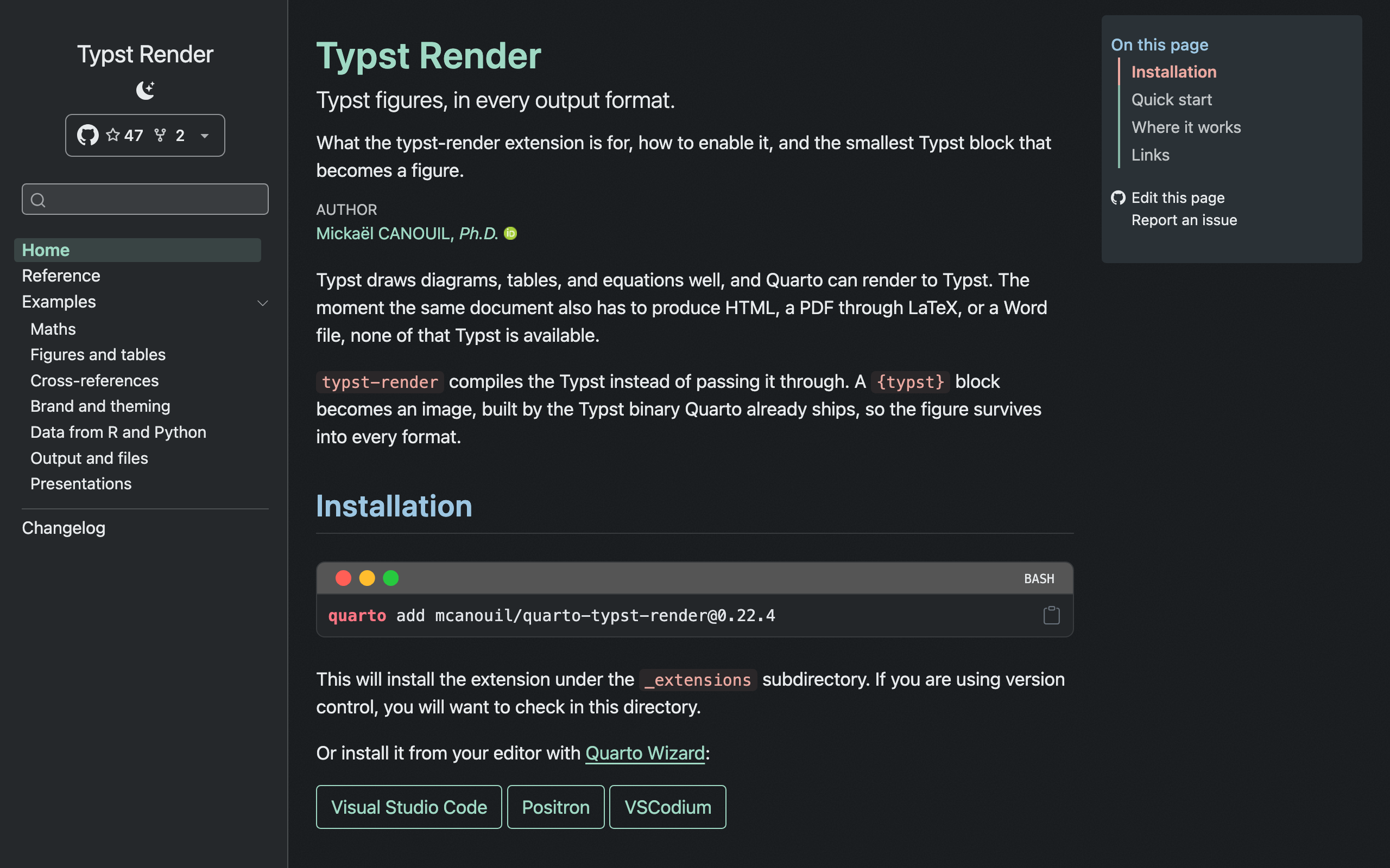 Home page of the Typst Render documentation website in dark mode, with the same layout as the Atelier site. Accents are mint green and salmon on a dark grey background.