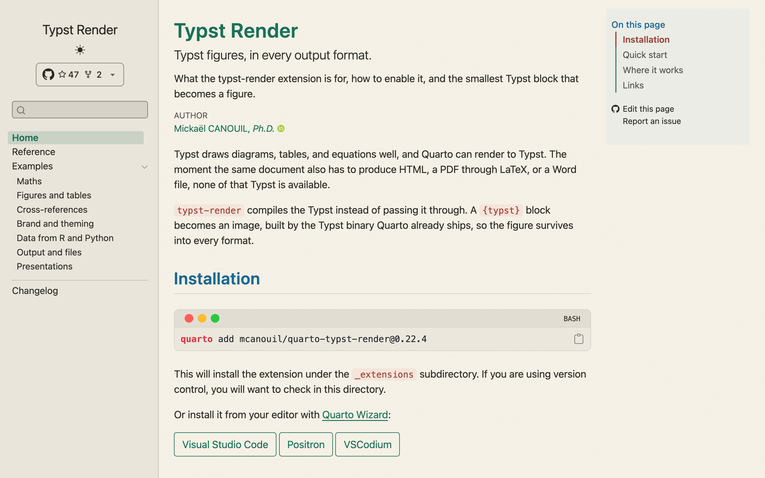Home page of the Typst Render documentation website in light mode, with the same layout as the Atelier site: a sidebar with the site title, a GitHub widget, a search field, and the page links, the page text in the centre, and the table of contents on the right. Accents are green on a warm cream background.